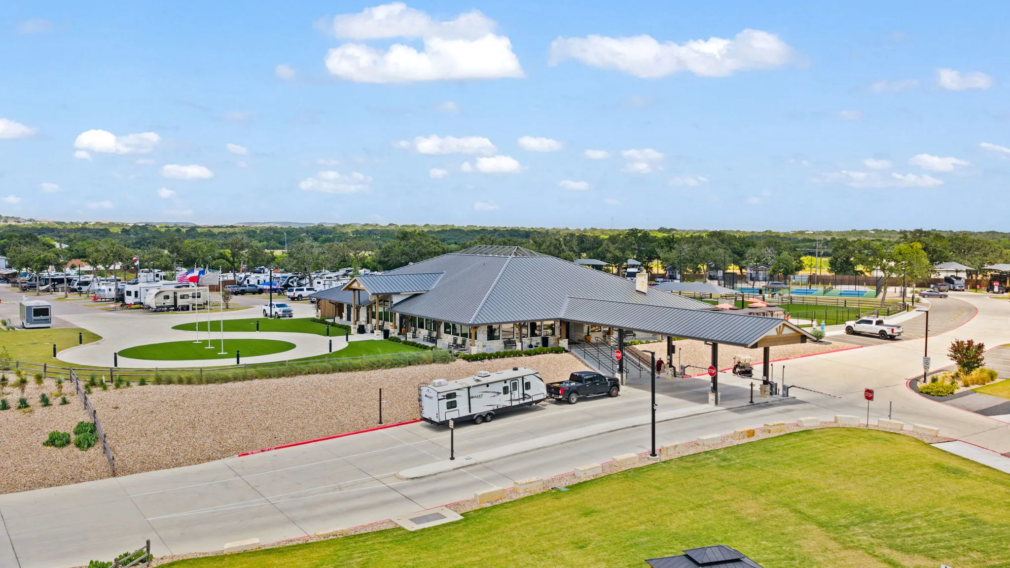 Aerial view of RV sites and the clubhouse