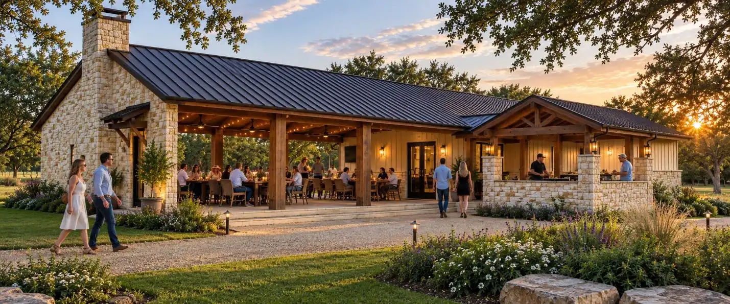 Covered pavilion with a stone fireplace at sunset