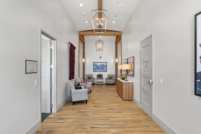 Clubhouse hallway with wood floors at Lantern Oaks RV Resort