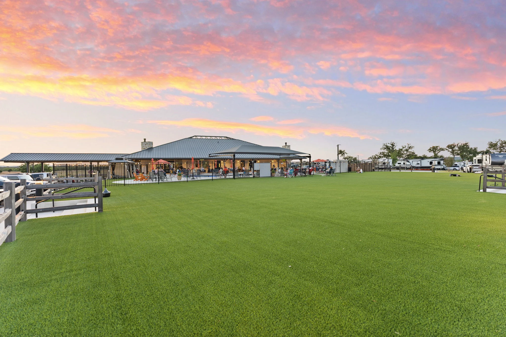 Event lawn at sunset in front of the clubhouse