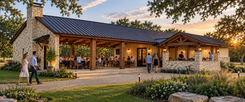Covered pavilion with a stone fireplace at Lantern Oaks RV Resort
