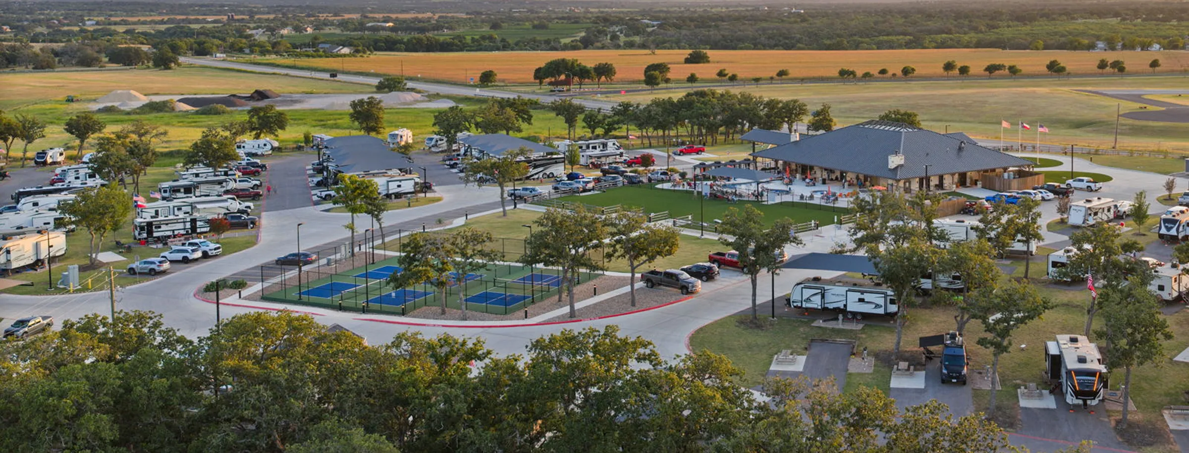 Aerial view of the tiny homes and resort grounds