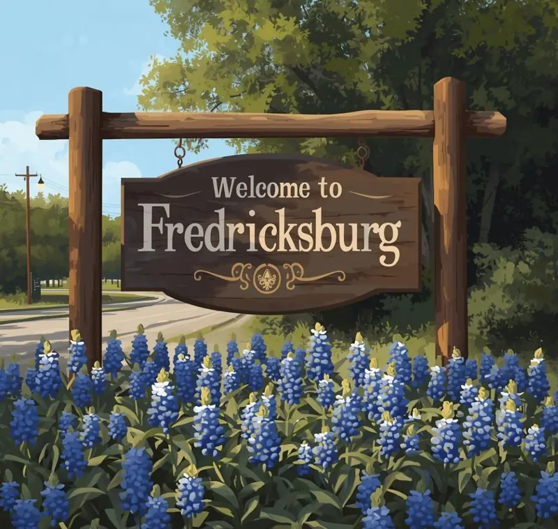 Welcome to Fredericksburg sign with bluebonnets